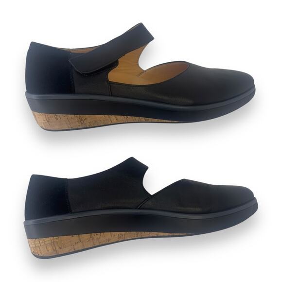 Soleni Women's Marie Flat Mary Jane US 9.5 W Black Leather Orthopedic Cork Wedge - Picture 3 of 10